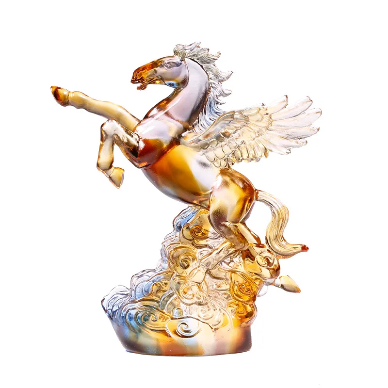 Colored Glaze Glass Lucky Fly Horse with Wings Statue Home Decoration Hangings Gifts Office Feng Shui Ornaments Rich Furnishing