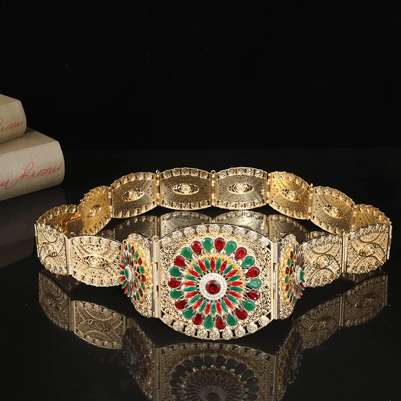 Cinturón de boda de lujo de Metal ancho argelino marroquí con incrustaciones de diamantes de imitación cadena de cintura de flor hueca redonda