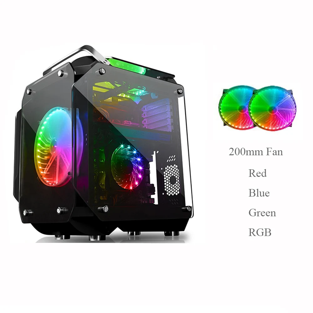 ATX Computer Gamer Case Tempered Glass Full Transparent Mirror Open Desktop Case With 2X20cm Color RGB Fan Cooling Kits