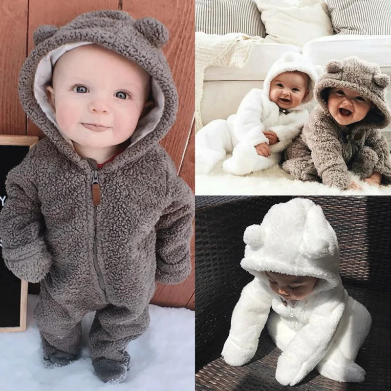 Newborn Toddler Baby Girl Boy Hooded Romper Jumpsuit Winter Outfits Fuzzy Fleece Plush Clothes 0-24Months