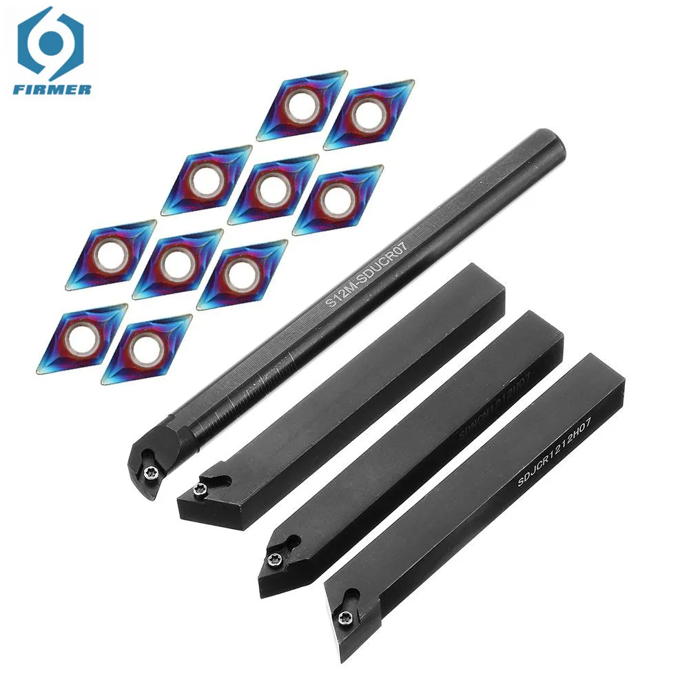 4pcs Alloy Steel 12mm Lathe Turning Tool Holder With 10pcs Blue Nano DCMT070204 Carbide Inserts and 4pcs Wrench