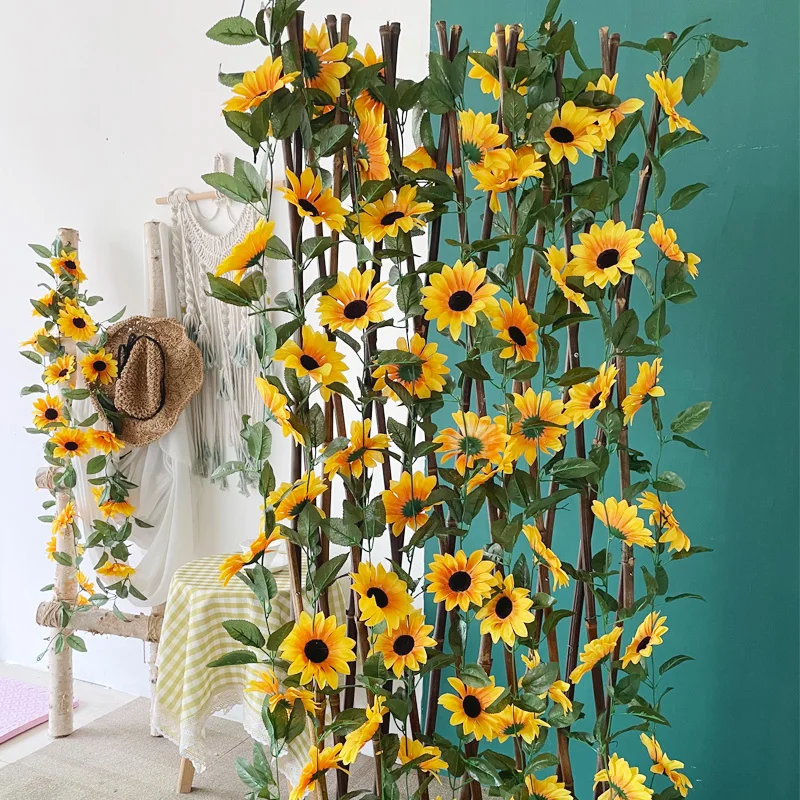 230cm Silk Sunflower Cane Artificial Yellow Big Flower Vine Wall Hanging Garland Garden Fence Home Wedding Arch Party Decoration