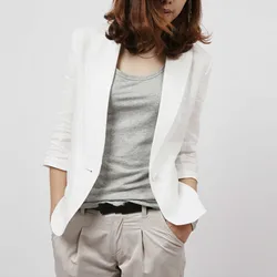 Blazer de lino y algodón con muescas para mujer, chaqueta Formal de manga 2024, color blanco y negro, moda coreana, 3/4