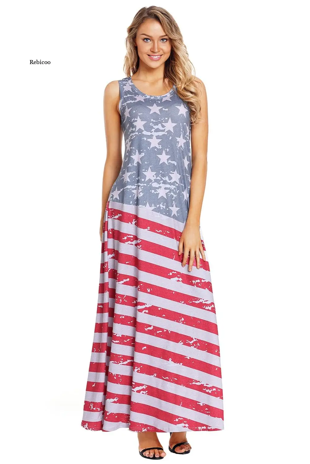 Sexy New Womens Sleeveless Slim Fitting American Flag Print Strips Summer Casual Beach Party Long Maxi Dress