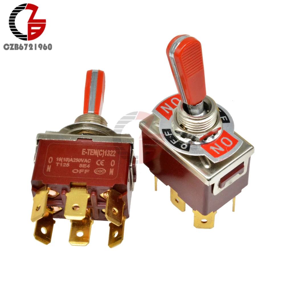 E-TEN(C) 1322 Red Shaft Toggle Switch 31.5*19.5MM Red 6Pin On-Off-On Switch Silver Contactor 250V 16A for Car Speaker PC