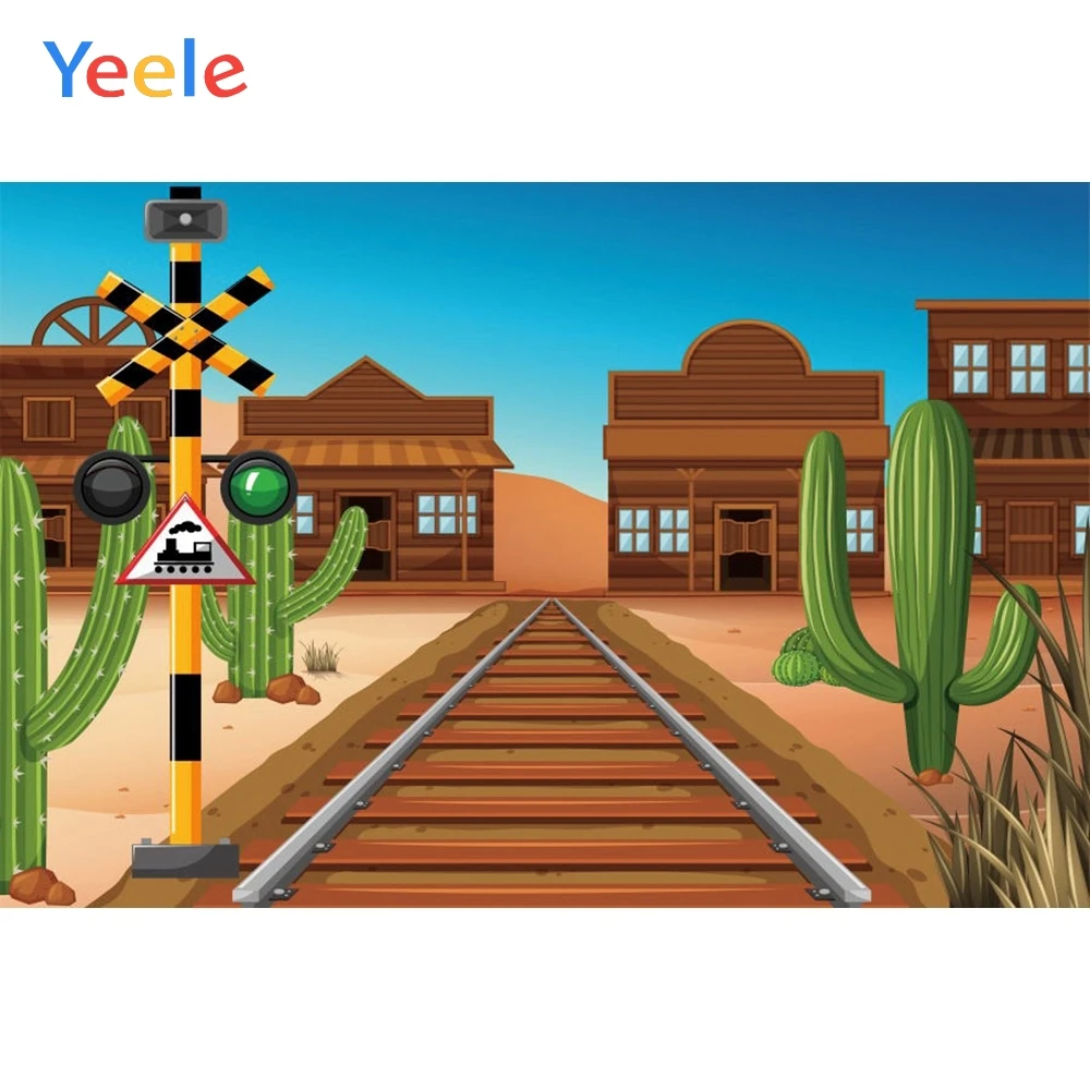 

Cartoon Desert Cactus West Wild Cowboy Train Track Vintage House Baby Birthday Backdrop Vinyl Photographic Background Photozone