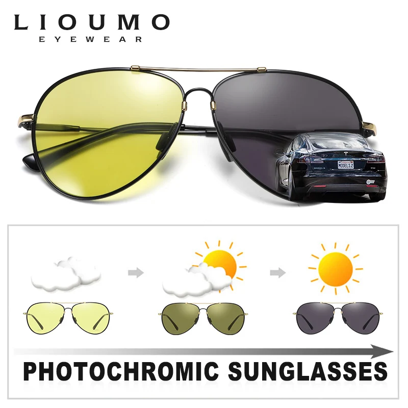 LIOUMO Pilot Sunglasses Polarized Men Photochromic Sun Glasses Women Day Night Driving Eyewear Memory Metal gafas de sol hombre