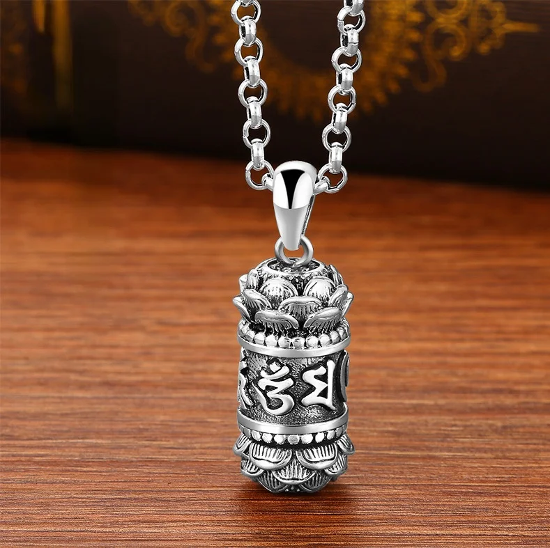 Vintage Buddhism Six Word Truth Amulet Pendant Necklace for Men Women Good Lucky Jewelry Shurangama Mantra Lotus Necklace Gifts