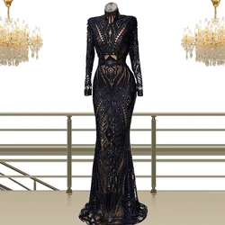 Robes Beaded Lace High Neck Long Sleeves Mermaid Black Gown платья на выпускной abiye платья для выпускного вечера