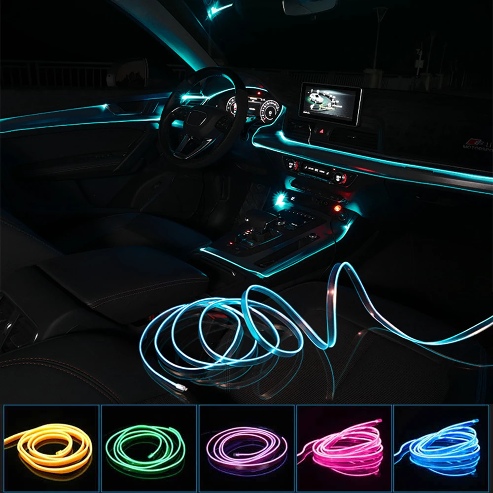 1/2/3/5M Car Interior Lighting Ambient Atmosphere Neon LED Strip Light For Auto Decoration USB LED Strip Lamp Ice Blue Red White