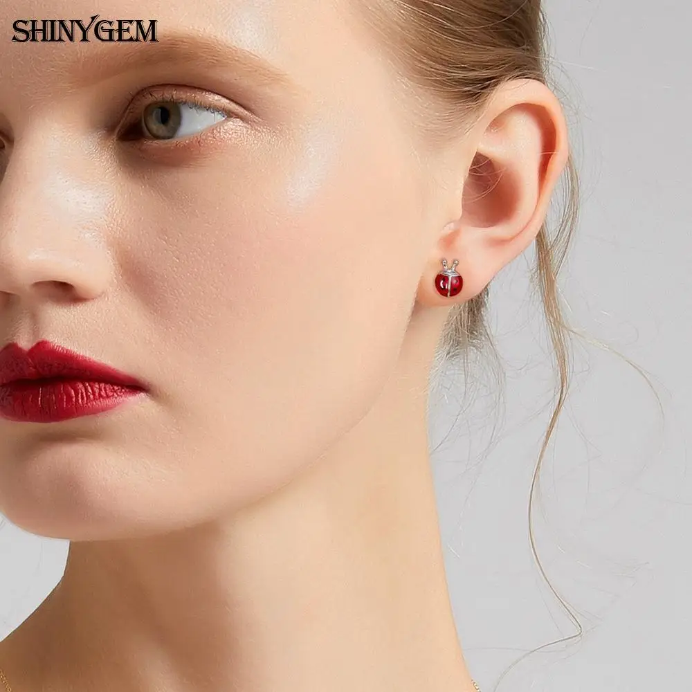 Trendy 2025 9mm Cute Delicate Red/Pink Beetle Ladybug Stud Earrings For Women Girl Date Beautiful 925 Silver Jewelry Gift