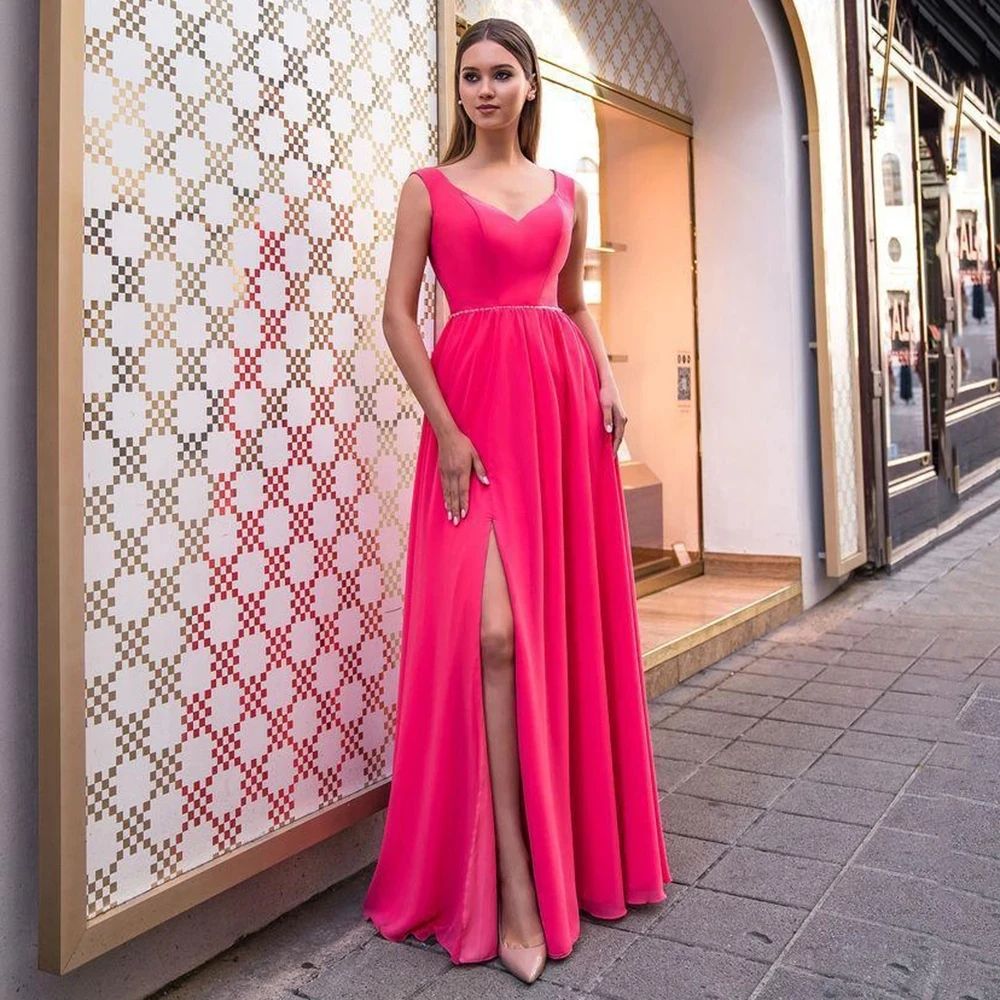 

Angelsbridep Elegant Satin Evening Dress V-neck Sleeveless Beaded Blet Evening Gown Hot Sale Sexy High Split Long Prom Dress