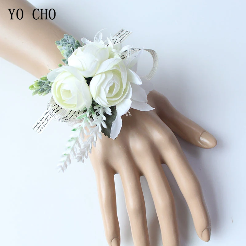 YO CHO Men Boutonniere Buttonhole Rose Brooch Bride Wedding Wrist Corsage Bracelet Groom Ceremony Flower Party Meeting Decor