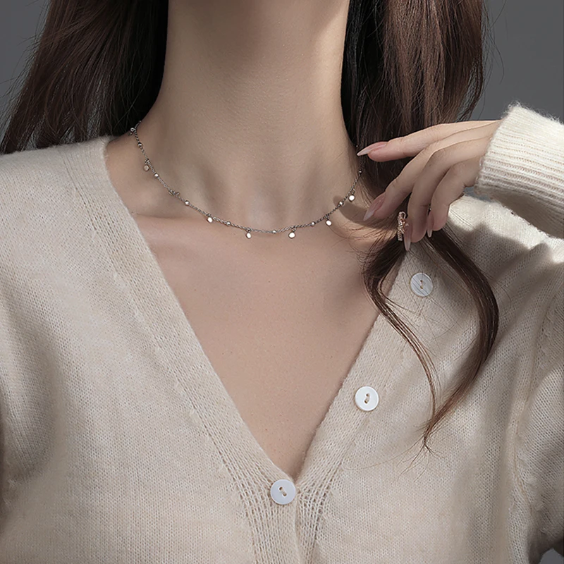 Fashion Jewelry 925 Sterling Silver Tassel Beads Temperament Short Personality Clavicle ChainGeometric Round Choker Necklace