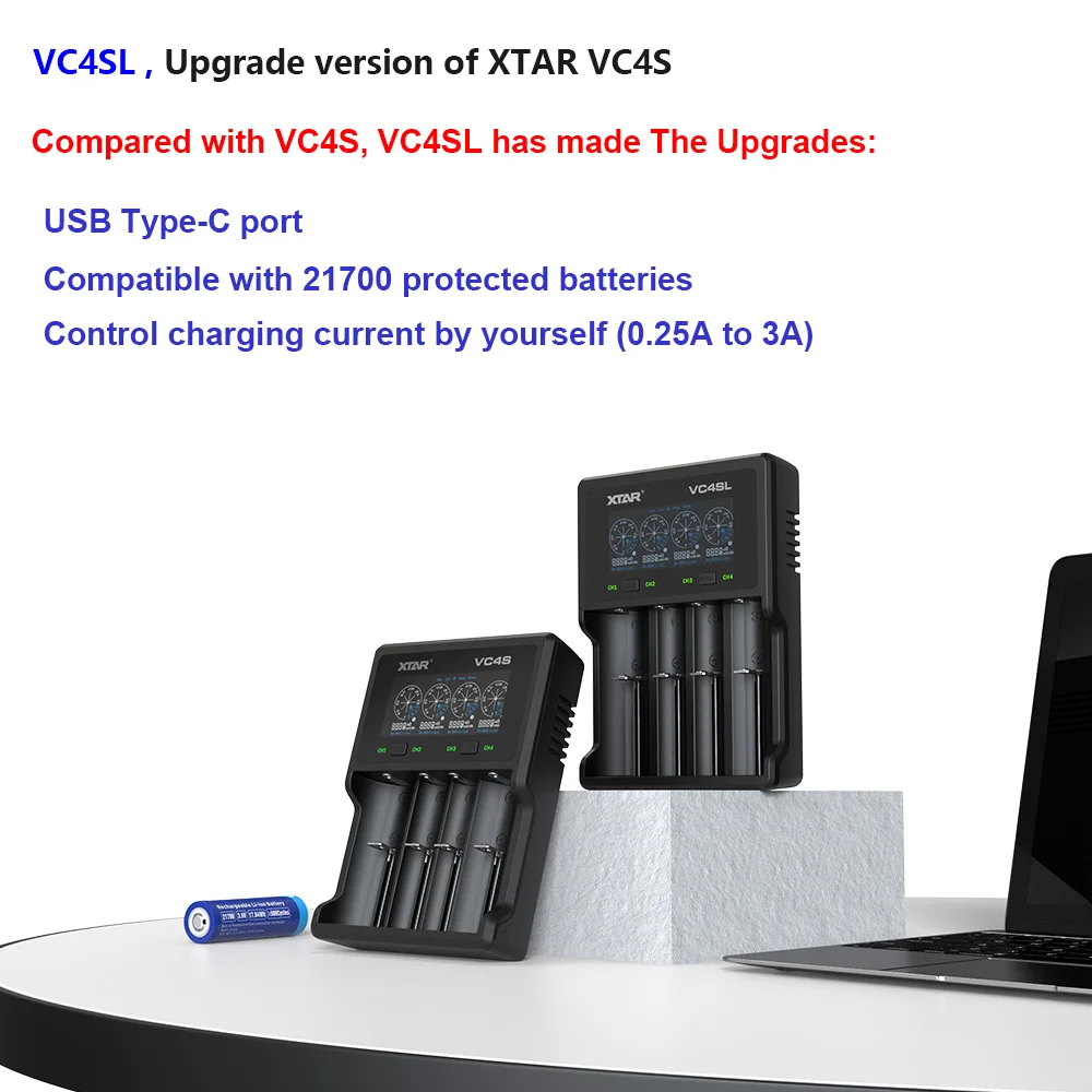 XTAR 18650 Battery Charger VC4SL QC3.0 Type C USB Charger Charging Rechargeable Li-ion Battery 20700 18650 21700 Battery Charger