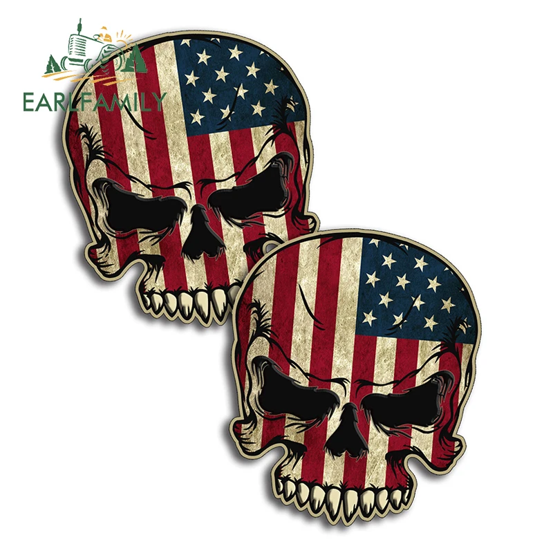 EARLFAMILY 13cm x 11.1cm Car Stickers USA Rustic Vintage Skull Vinyl Sticker Decal with Flag Graphic Face America Car Styling