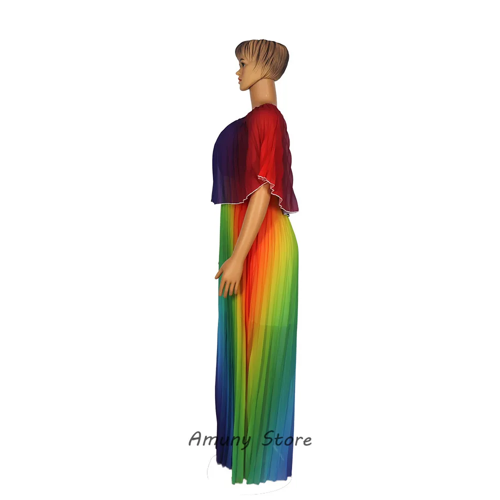 African Woman Dress Press-pleating Decoration Polyester Material Loose Plus Size Off Shoulder Rainbow Color Fashion Long Dress