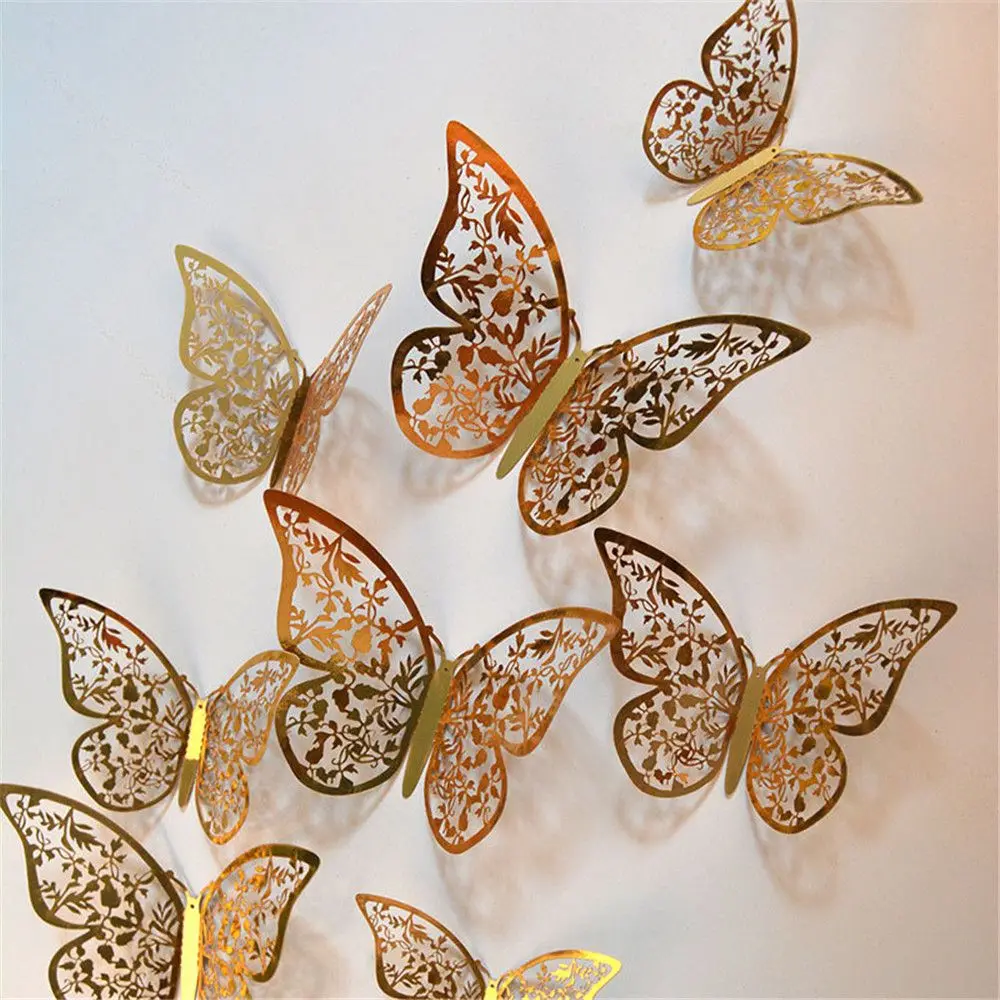 12pcs 3D Simulation Butterfly Wall Stickers Hollow Out Butterfly Decoration for Xmas Tree Birthday Party Wedding Ornament Decals