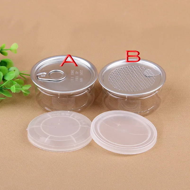 100pcs Clear Plastic Jar PET with Metal Lid Airtight Tin Can Pull Ring Concentrate Container Food Herb Storage 100ML W0101