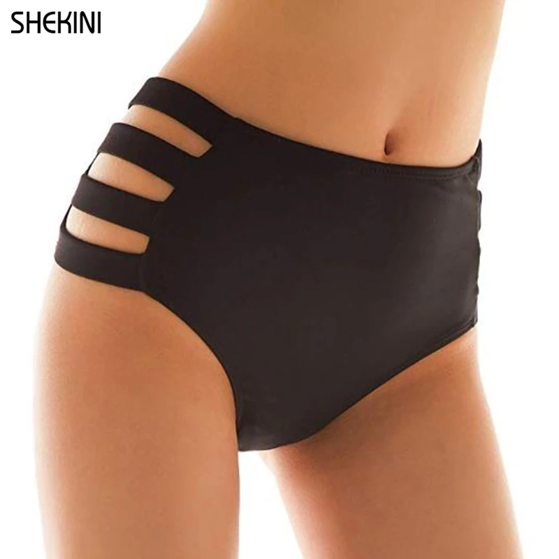 SHEKINI Women\'s Swimsuit Briefs Solid Black Plus Size Strappy Full Coverage High Waisted Bikini Bottoms S-XXXXL