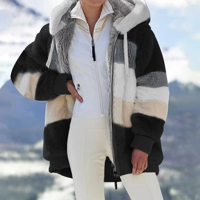 Abrigo de cachemira con capucha y cremallera para mujer, chaqueta informal con costuras a cuadros, moda de invierno, 2021