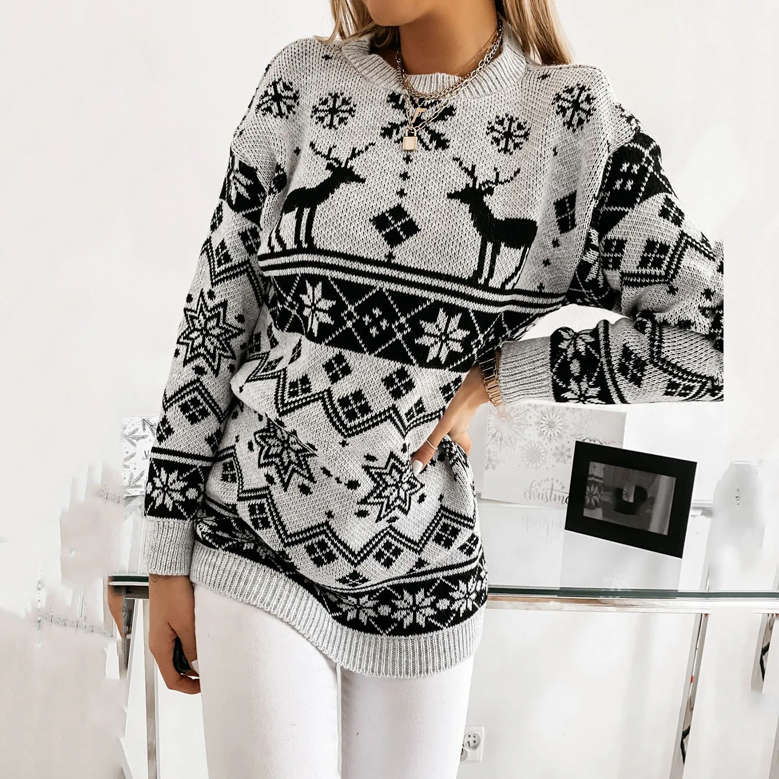 Christmas Sweater Women Christmas Deer Warm Knitted Long Sleeve Sweater Jumper Top Winter Autumn Pullovers Loose Size Hot Sale