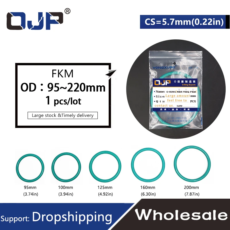 1PC Rubber Ring Green FKM O Ring Seal CS5.7mm OD95/100/105/110/125/140/160/175/200/220mm Rubber Seal Gasket Fuel Oil Ring Washer