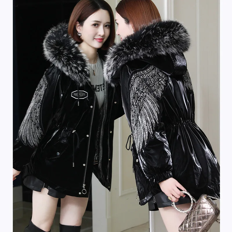 Glossy Diamond Parkas Female Winter 2024 New Detachable Double-Faced Fur Real Rabbit Fur Liner Coat Fashion Women\'s Outerwear