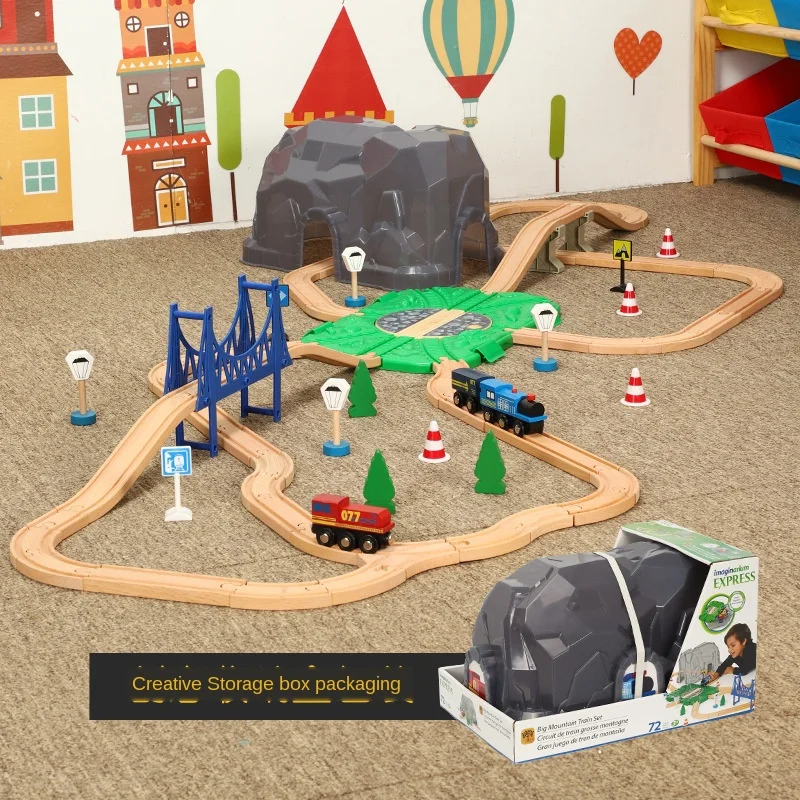 72PCS Mountain Train Track Play set Wooden Train Scene Accessories Large Size Storage Box Compatible With Wooden Track Pd39