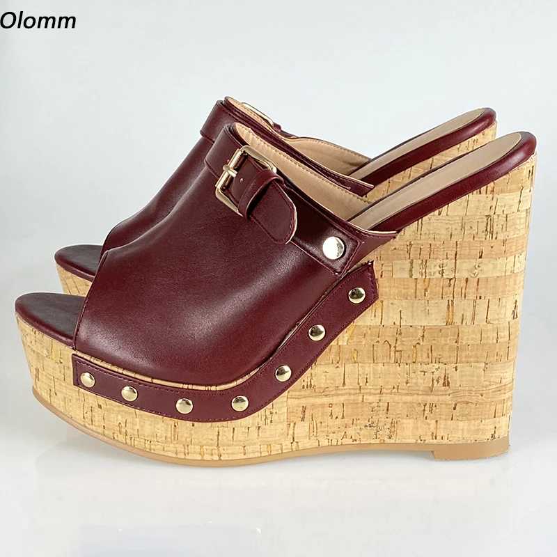 

Olomm Handmade Women Summer Mules Sandals Studded Wedges Heels Open Toe Beautiful Burgundy White Pink Party Shoes US Size 5-20