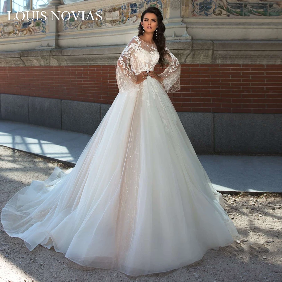 Louis Novias Long Sleeve Wedding Dress A-Line Wedding Dress Beach Sweep Brush Train Appliques Chiffon with Embroidery