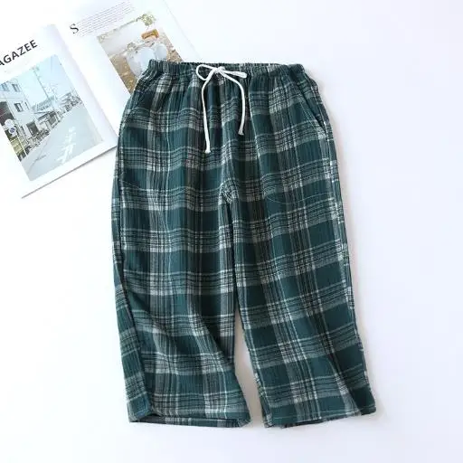 Loose sleepwear pant summer cropped trousers fashion plaid lounge wear pajama pants large size cotton gauze ladies home pant