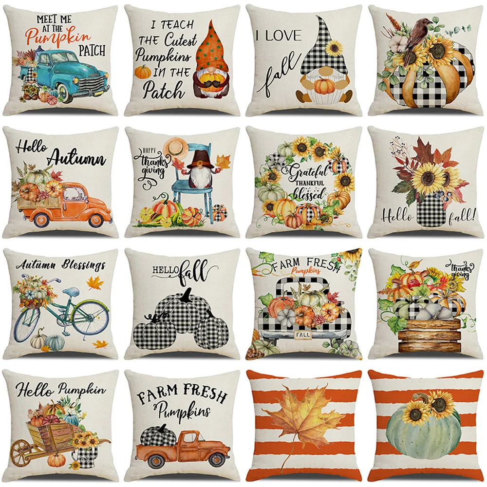 Thanksgiving Cushion Cover Autumn Holiday Decorative Throw Pillowcase Maple Leave Pumpkin Striped Plaid Sunflower Pillow Covers