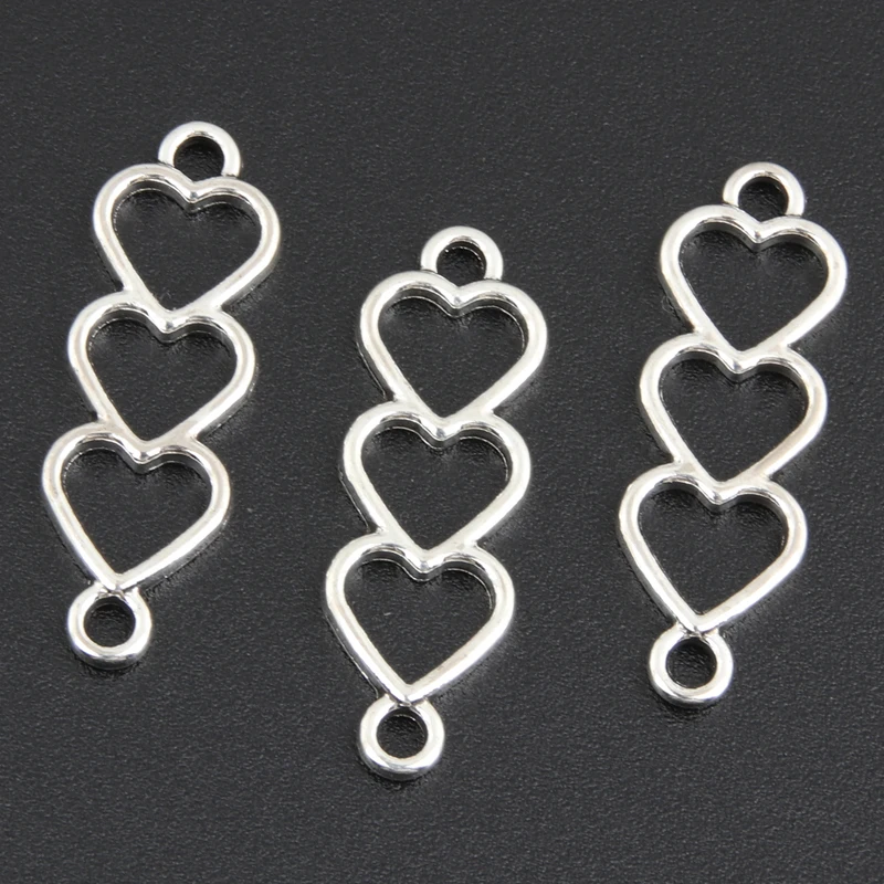 50pcs Silver Color 24x8mm Triple Heart Charms Love Connector Pendant Fit DIY Handmade Metal Jewelry Findings Supplies