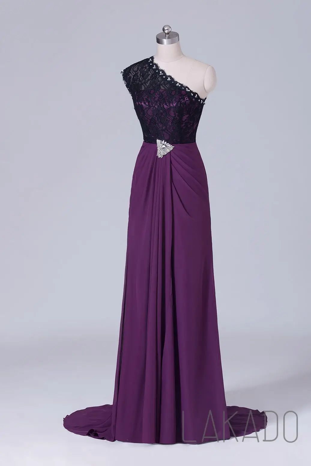 Seite Schlitz Grape Brautjungfer Kleider Eine Schulter Schwarz Spitze Top Lange Chiffon Frauen Formale Kleid Für Hochzeiten Real Foto