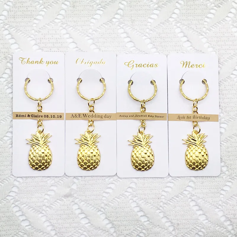 

50pcs/lot Personalized Wedding Souvenirs Party Gifts for Guests Gold Pineapple Keychain with Thank you Card