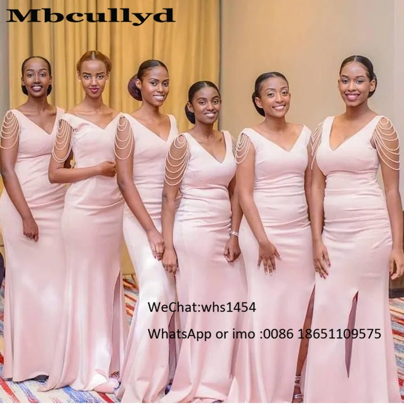 

Elegant Pink Mermaid Bridesmaid Dresses Long 2023 With Beading African Wedding Party Dress Sexy Side Split Maid of honor Gowns