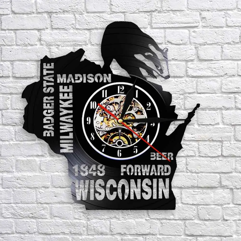 Wisconsin Badger State Beer Wall Decor Vinyl Record Clock Man Cave Bar Sign Hanging Watches Vintage Art Best Travel Gift Idea