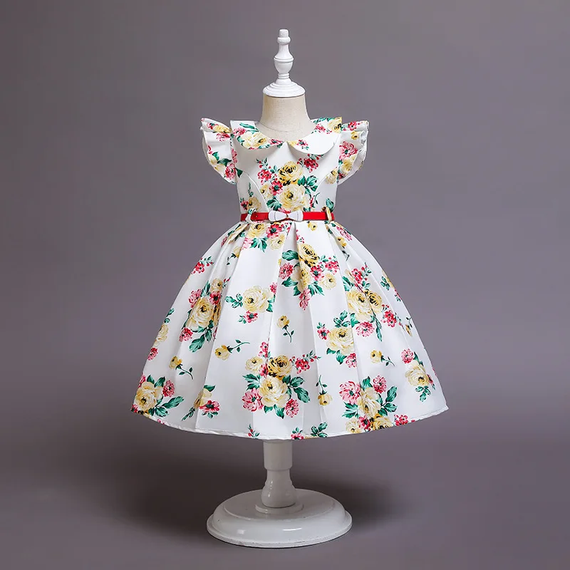 Summer Floral Girls Dress Birthday Party Princess Children\'s Dresses Bow Belt Kids Ball Gown Casual Clothes Size 3-10T