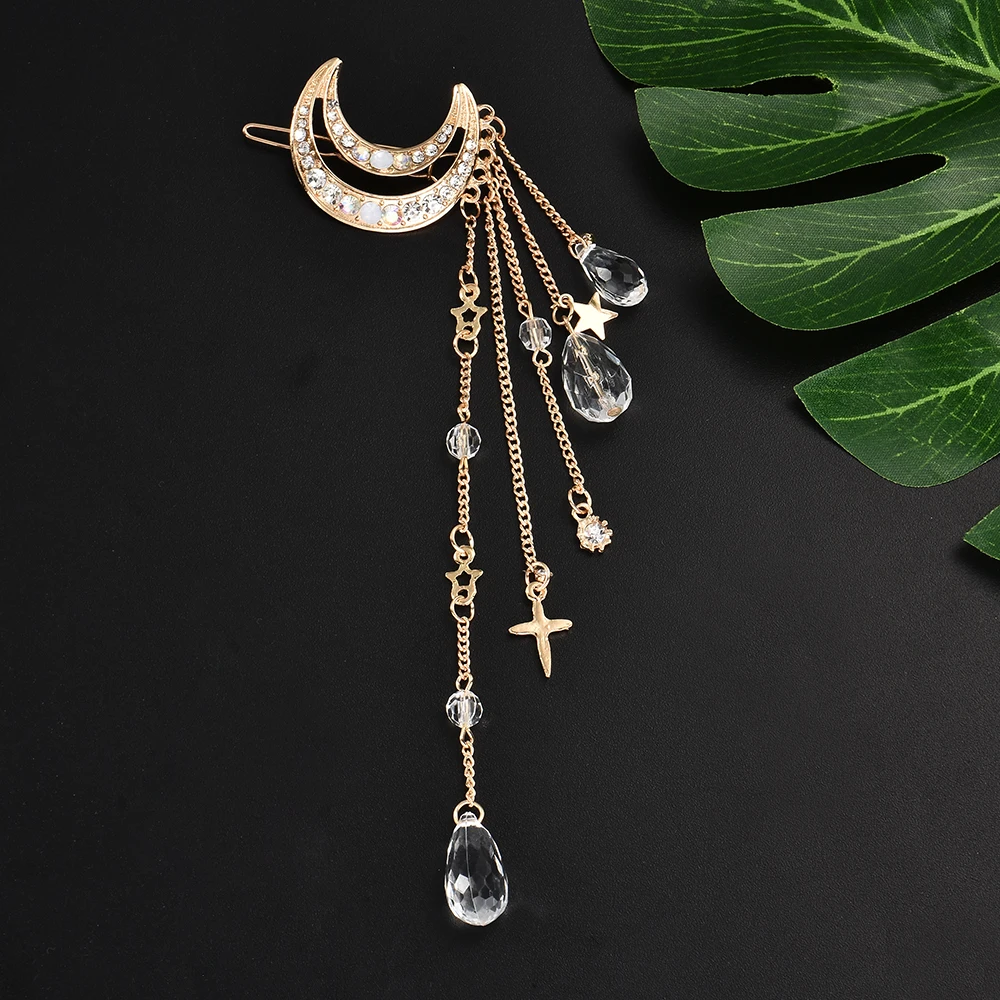 Fashion Elegant Women Hair Bands Lady Moon Rhinestone Crystal Tassel Long Chain Beads Dangle Hairpin Hair Clip Hair Jewelry