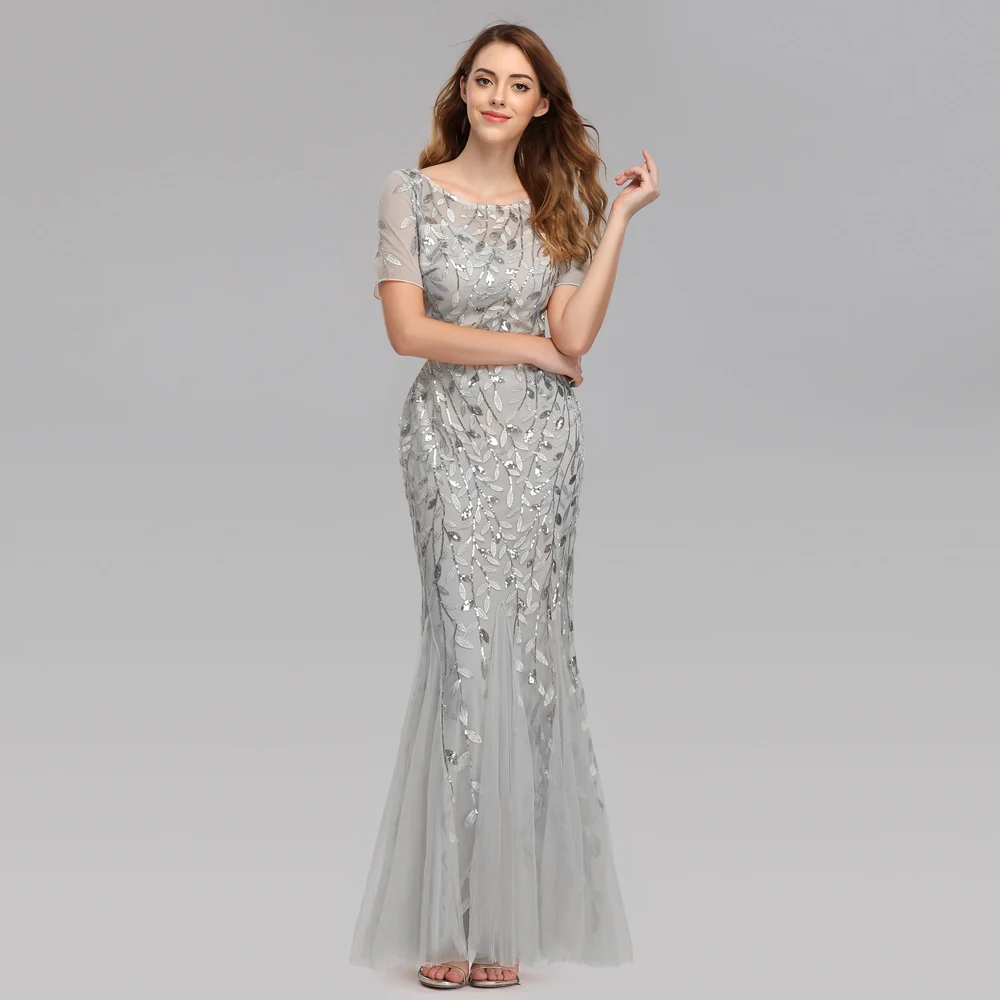 Vestidos de Noche de talla grande con cuello redondo de sirena, manga corta, apliques de encaje, Vestido de fiesta largo de tul, Vestido Formal Sexy