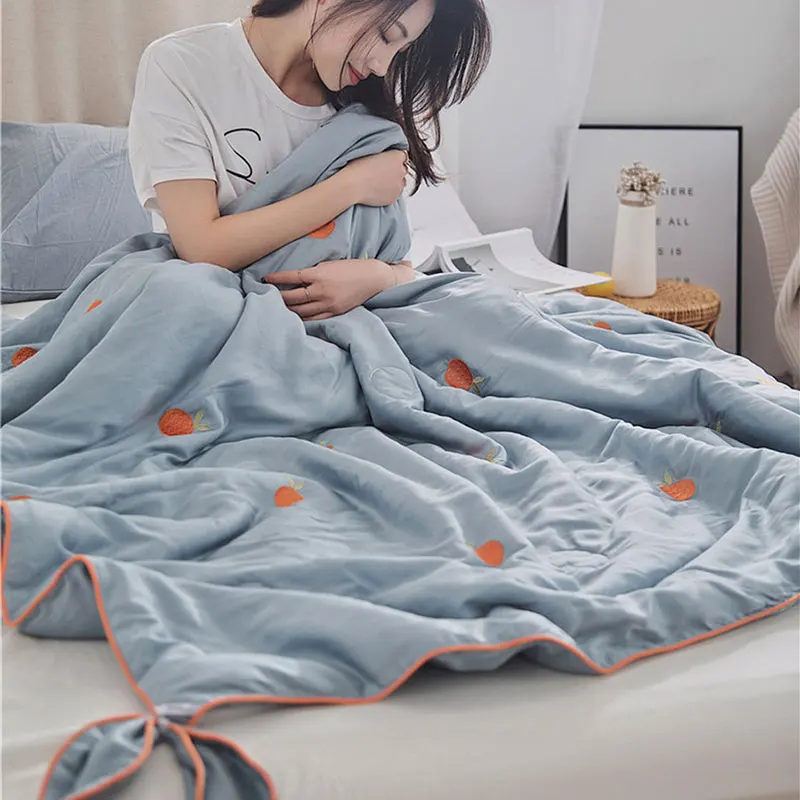 Embroidery Summer Quilt Fresh Embroidery Orange Air Conditioning Quilt Soft Thin Quilt Detachable Bow Summer Blanket Double