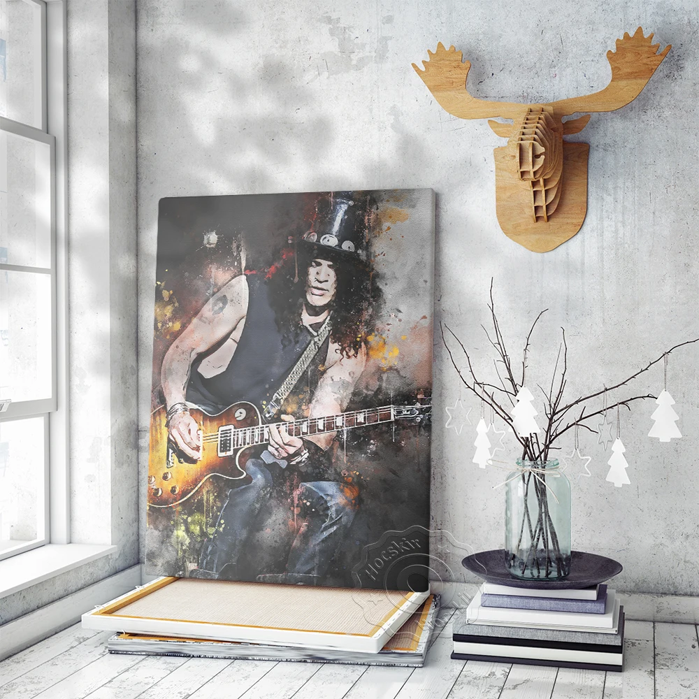 Rock Band Slash Decor Poster, Heavy Metal Music Rock Band Guitarist Art Prints, Watercolour Art Mural Canvas Painting Home Decor