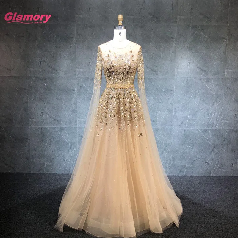 2021 New Arrival Gold Prom Dress Long Sleeves O-neck Luxury Beading Evening Dress