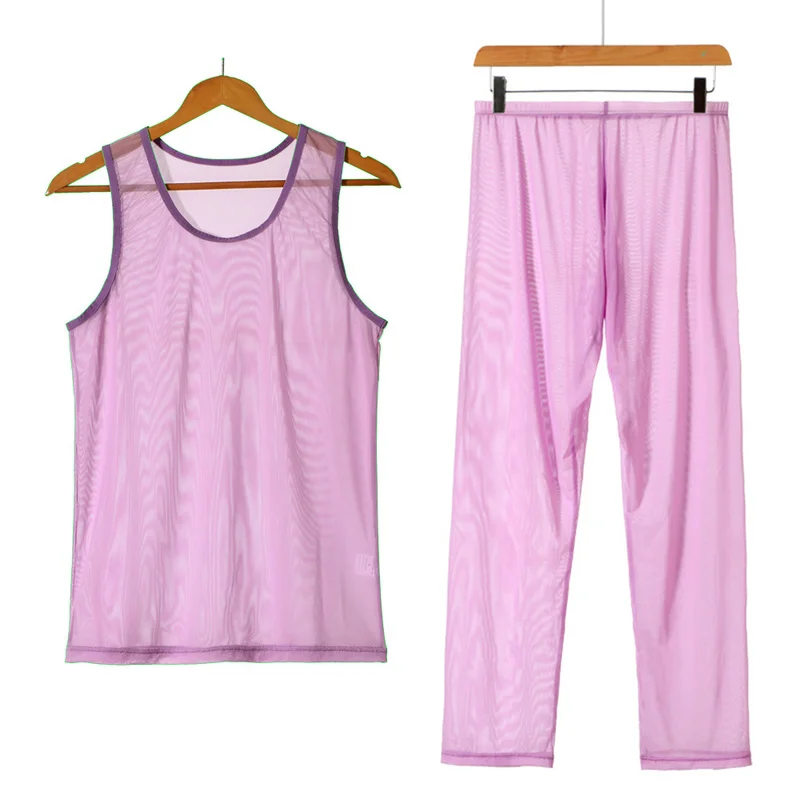 Men Undershirt Sets Sexy Mesh Fishnet Transparent Tank Tops Pants Shorts Underwear Sleepwear Tracksuit Breathable Sportwear Suit