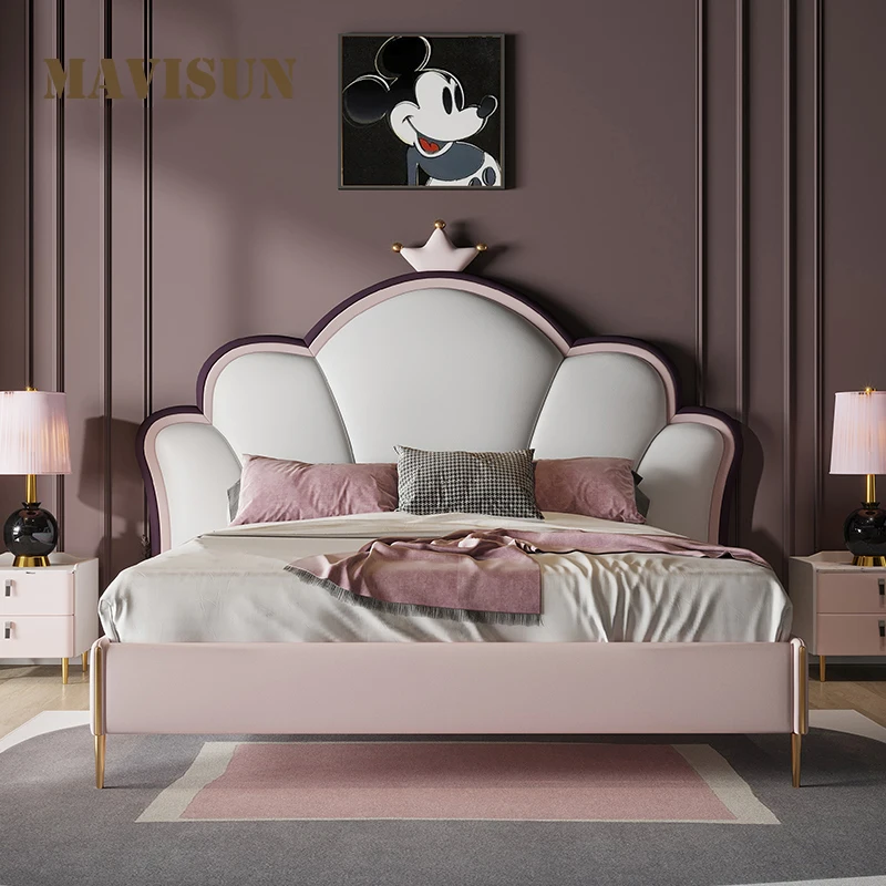 Leather Children's Bed Girl Princess Bed Pink Cloud Bed Small Apartment Simple Single Bed Bedroom High-Foot Soft Bed Furniture