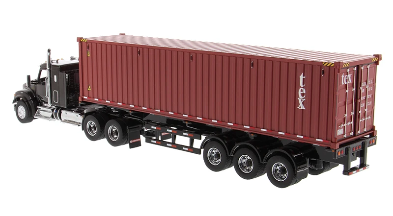 New 1/50 Scale Kenworth T880 SFFA 40 Sleeper Tandem Tractor in Metallic Black with 40\' Dry Goods Sea Container and Chassis 71060