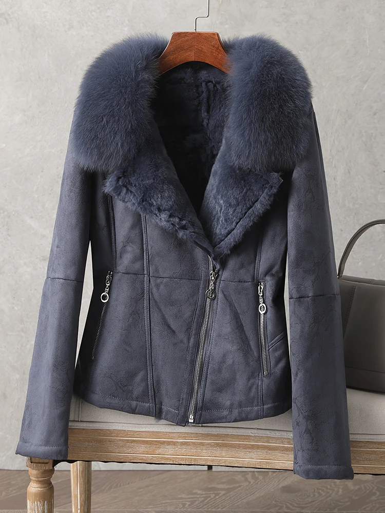 New Women Winter Sheep Leather Coat Lady's Real Rabbit Fur Jacket Leather Winter Jacket Warm fur Rabbit Fur Lining Fur Coat