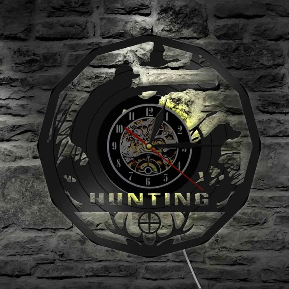 Woodland Hunter Hunting Aiming Deer Silhouettes Vinyl Record Wall Clock Hunter Gun And Dog Wall Lamp Watch Decorative Lighting