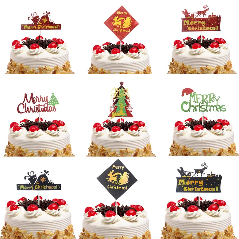 

cake topper santa claus merry christmas cupcake topper elk cake flag gold balck red kids gift party baking DIY birthday decor